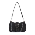 Zwarte denim baguette tas met witte stiksels, zilveren gesp en metalen ketting - Zwart