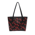 Grande borsa tote nera con stampa ciliegie, tracolla e design in ecopelle PU - Nero