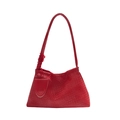 Minimalist red woven hobo bag with braided shoulder strap and leather tag on white background - Red