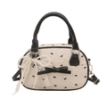 Chic cream bowling bag with black bow prints and a large pearl lace pendant - White With Pendant
