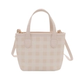 Borsa a secchiello beige a quadretti minimalista con dettagli dorati e tracolla - Bianco Sporco