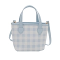 Borsa a secchiello a quadretti blu e bianchi con manici in pelle e tracolla rimovibile - Blu