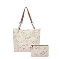 Conjunto de bolso tote crema y neceser con estampado de letras y asas de cuero marrón - Blanco