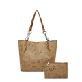 Set de bolso tote marrón con monograma, estuche a juego y asas de cadena plateada - Caqui