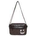 Brown geometric pattern crossbody phone bag with trendy graffiti smiley face design - Brown