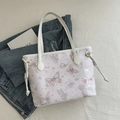 Chic white tote bag with pink butterfly prints and drawstring details for daily commute - Pink