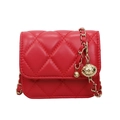 Red quilted mini chain bag with gold lattice ball pendant in a minimalist design - Red