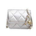 Silver quilted mini crossbody bag with golden chain strap and round metallic charm - Silver