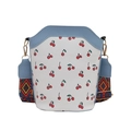 Minimalist bucket bag with cherry print and colorful geometric woven shoulder strap - Blue