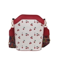 White bucket crossbody bag with cherry prints and colorful ethnic wide strap - Red