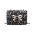 Mini borsa a tracolla con stampa leopardata, fiocco in metallo argento e catena - Nero