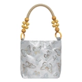 Vintage light blue satin handbag with butterfly embroidery and wooden bead handles - Bow Blue