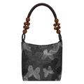 Vintage dark gray handbag with silver butterfly embroidery and wooden bead handles - Butterfly Style Silver