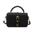 Elegant black faux leather crossbody handbag with gold buckle and top handle on white background - Black