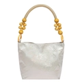 Modern Chinese butterfly embroidery satin handbag with traditional woven beaded handle - Screen Style Beige