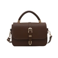 Retro dark brown PU leather handbag with gold buckle and adjustable crossbody strap - Brown