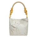 Vintage Chinese style shoulder bag in beige with bamboo and bird prints and beaded handle - Leaf Style Beige