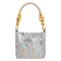 Artistic embroidered silver underarm bag with yellow beaded golden rope handle - Flower Style Blue