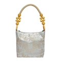 Retro Chinese style handbag featuring silver brocade and beaded wood handle - Pavilion Style Blue