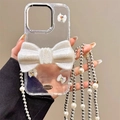 Glitter bow iPhone case with pearl crossbody chain strap and heart charms on clear shell - Electroplated Case + 3D Bow Back Clip + Chain (iPhone 16E)