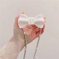 White glitter bow phone case with pearl chain strap for iPhone, shown in hand display - (back Clip) Cute Girl Bow + Chain / Back Clip