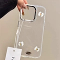 Detailed shot of transparent phone case with glitter bows and heart-shaped rhinestones - Electroplated Frame Glitter Drip Glue 3D Bow (iPhone 16E)