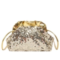 Schicke champagnerfarbene Pailletten-Wolkentasche mit elegantem Faltenlederverschluss - Gold