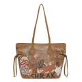 Brown graffiti tote bag with cartoon bear and cat prints for versatile autumn style - Brown