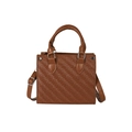 Brown woven texture tote bag with round handle and adjustable strap for women - Brown