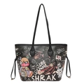Black tote bag with colorful graffiti and bear print featuring side drawstring details - Black