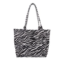 Large zebra print canvas tote bag with front pocket and dual shoulder straps for daily use - Black