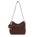 Sac seau marron minimaliste pour femme avec pendentif en peluche et logo mode - Café Avec Pendentif Pompon