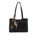 Minimalist black crocodile pattern tote bag with white stitching and silk scarf - Black