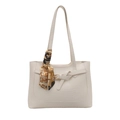 Minimalist beige tote bag with crocodile pattern and decorative silk scarf for women - White