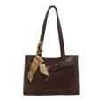 Brown crocodile pattern tote bag with decorative scarf and top handles for commuting - Brown