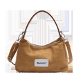Brown frosted dumpling handbag with decorative white label and adjustable strap - No Pendant / Brown