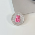 Close-up of pink bear phone socket grip with sparkling crystal rhinestones and silver base - Transparent Stand-Rhinestone Pearl-Dopamine Bear / Silver
