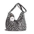 Large leopard print canvas hobo bag with wide shoulder strap and fluffy monster charm - White + Pendant
