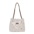 Quilted tote bag with colorful cartoon prints and woven straps on a clean background - Without Ornament / Brown