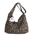 Leopard print canvas hobo bag with white plush charm and wide shoulder strap - Khaki (With Pendant)