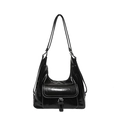 Retro black high-gloss shoulder bag with contrast stitching and metal buckle detail - Black