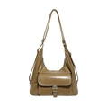Vintage khaki brown faux leather hobo tote bag with front buckle pocket for women - Brown