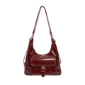 Vintage burgundy patent leather shoulder bag with white contrast stitching and buckle detail - Red