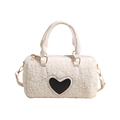 Weiße Teddy-Tasche im Boston-Stil mit Herz-Patch und goldfarbenen Beschlägen - Gebrochenes Weiß