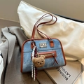 Retro denim tote bag with brown leather trim and plush bear charm for daily casual wear - With Pendant / Brown