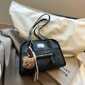 Black vintage matte leather tote bag with a plush bear charm and silver hardware detail - With Pendant / Black