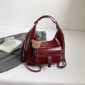 Deep dark red glossy tote bag with white stitching and cute brown plush bear charm - With Pendant / Red