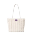 White faux fur tote bag with vertical stripes and purple cherry embroidery patch - White