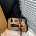 Retro khaki suede and black leather tote bag with a cute bear charm and woven rope - With Pendant / Khaki