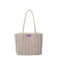 Furry tote bag in light khaki with striped quilting and slender faux leather handles - Khaki